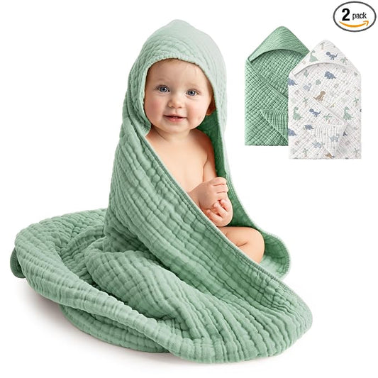 Baby Bath Towels, 100% Muslin Cotton Hooded Baby Towels for Newborn, 2 Pack Baby Towels with Hood for Infant Toddler and Kids, Large 32x32Inch Unisex Bath Essentials, Soft and Absorbent