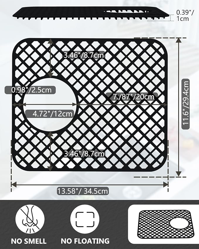 2 Pack Silicone Sink Protectors for Kitchen Sink, Trellis 13x11 Black | Heat-resistant Non-Slip and Durable Silicone Grid Mat, 13-9/16" x 11-5/8" Rear Drain