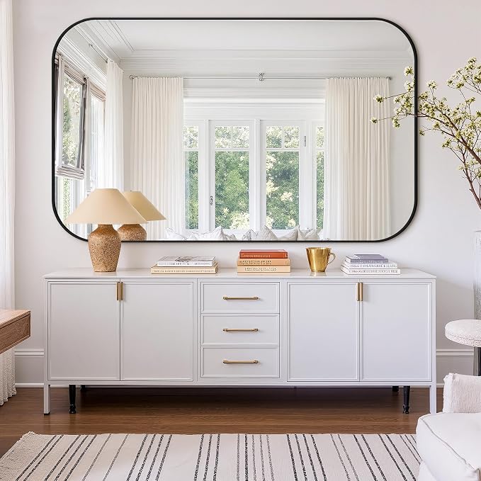 40" x 65" Bathroom Vanity Mirror for Wall, Black | Metal Framed, HD Tempered Glass, Rounded Rectangle Shape, for Over Sink, Bedroom, Entryway, Living Room, Vertical/Horizontal