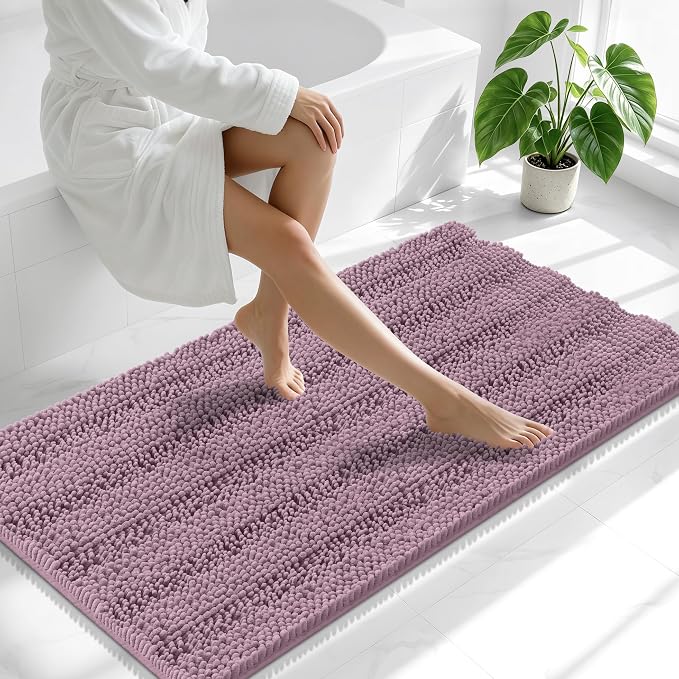 Smiry Thick Chenille Bathroom Runner Rugs 47x24, Soft Bath Mat, Deep Plum | Quick‑Dry & Machine Washable, Non‑Slip Bath Carpet, Striped Bath Rugs for Tub & Shower, Modern Home Decor Accessories