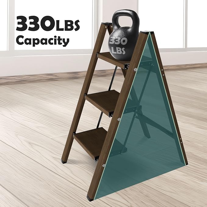 Taranta 3 Step Stool Foldable,Aluminum Step Ladder-Walnut | Lightweight,Wide Anti-Slip Pedals,Folding Stool,330lbs Capacity for Household,Kitchen,Office