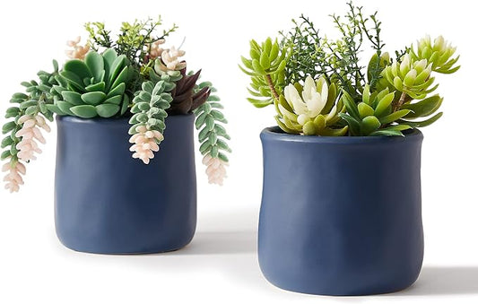 Artificial Succulent in Ceramic Pots, 2 Packs Fake Plants | Large Faux Plants Navy Blue for Desk,Office, Bedroom, Living Room, Bathroom Office Shelf Home Décor