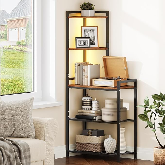 HOOBRO 5-Tier Corner Shelf Stand, Corner Shelf with LED Light, 56.3" Tall Corner Bookshelf, Display Rack Storage Organizer with Table, for Small Spaces, Living Room, Entryway, Rustic Brown BF69DCJ01