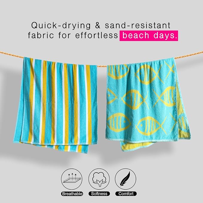 CASA COPENHAGEN Miami Towel 2Pcs Fish Cyan - Teal Stripe Designer Stripe Beach Towels Gift Set, 30"x60" Oversized 100% Cotton Pool Bath Towel for Beach Gift Set (Summer Gift Set for Women & Men)
