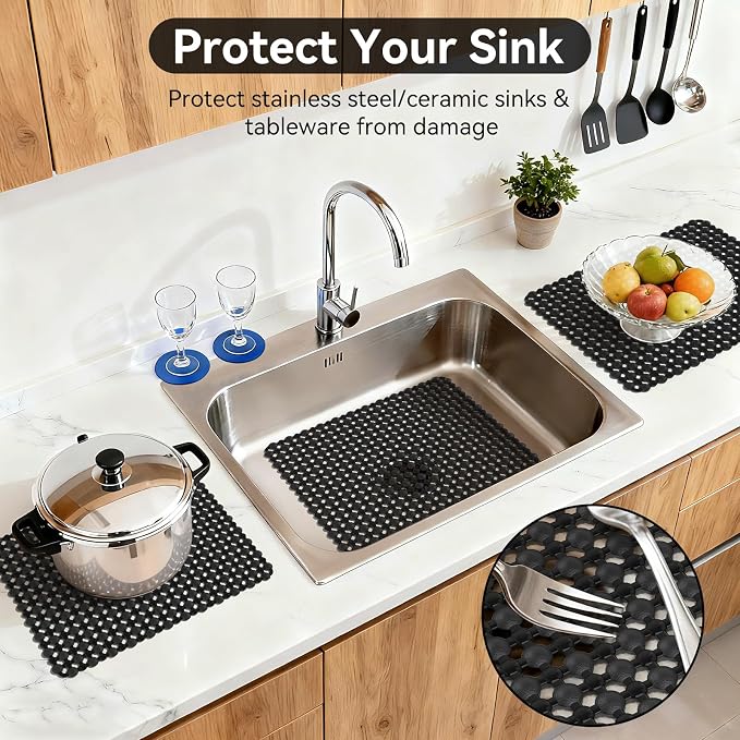 Kitchen Sink Mat Sink Protectors for Stainless Steel Ceramic Sinks | PVC Protectors Mats for Bottom of Kitchen Sink, Dishes and Glassware Drain Mats, Durabl & Fast Draining Black 15.7"x11.8"