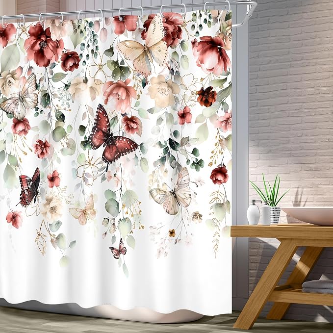 Red Floral Butterfly Summer Spring Plant Bathroom Shower Curtain Set | 72"W x 72"L Natural Gold style, clear shower print, fast-dry fabric and hooks for a simple bath update.