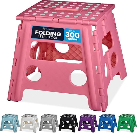 Handy Laundry Folding Step Stool 13 Inch, Pink, Non-Slip Holds 300 lbs | 13 Inch, Pink, Foldable Collapsible Step Stool, Non-Slip, Holds 300 lbs, Kitchen Bathroom Bedroom, Adults