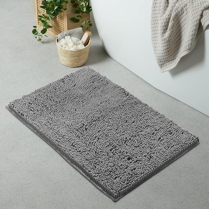 LuxUrux Bath Mat-Extra-Soft Plush Bath Shower Bathroom Rug,1'' Chenille Microfiber Material, Super Absorbent Shaggy Bath Rug. Machine Wash & Dry (24 x 36 Inch, Light Grey)