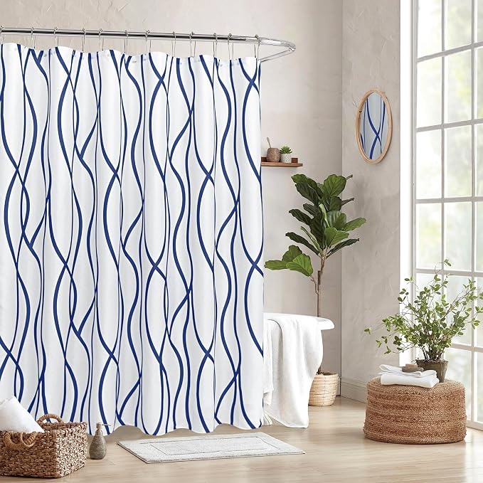 Biscaynebay Extra Long Textured Fabric Shower Curtain 72 W x 84 L, Navy Striped Printed Linen Modern Hotel Luxury Quality Cloth Bathroom Curtains Machine Washable