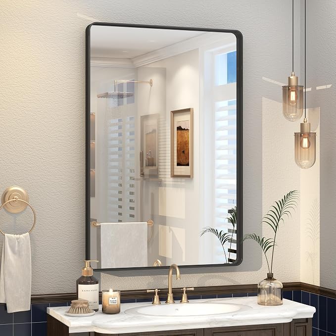 24x36 Inch Black Metal Framed Mirror for Bathroom, Matte Black Vanity Mirror, Rounded Rectangle Bathroom Mirror, Anti-Rust, Shatterproof (Horizontal/Vertical) | Matte Black Vanity Mirror, Rounded Rectangle Bathroom Mirror, Anti-Rust, Shatterproof (Hori...