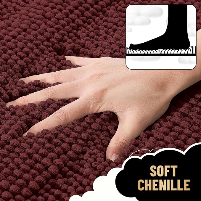 OLANLY Thick Bathroom Rugs 30x20, Chenille Bath Rugs, Andorra Red-Brown | Rubber Backing, Machine Wash, Extra Absorbent Striped Bath Mats for Bathroom Floor, Tub and Shower, Home Decor Accessories