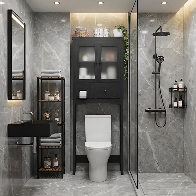 Garvee Over-The-Toilet Storage Rack, Vintage Bathroom Organizer | MDF Shelves & Steel Frame, Space-Saving Toilet Shelf for Small Bathrooms, Bathroom Cabinet for Towels & Toiletries, Black