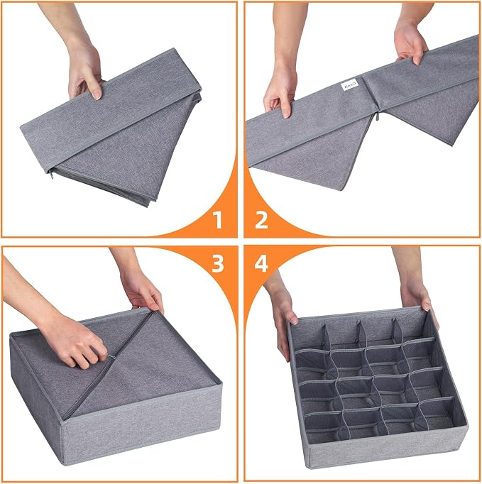 3 Pack Sock Underwear Drawer Organizer Dividers, 64 Cell Fabric Foldable Dresser Organizer for Closet Organizers and Storage Boxes for Organizing Socks, Underwear, Ties (16+24+24 Cell, Gray)