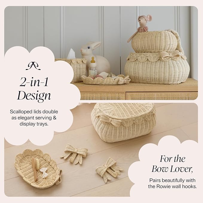 BEBE BASK Original Scalloped Bow Basket with Lid - Set of 2 (15x11x6 In) | Award Winner, Handwoven Rattan, Scalloped Wicker Basket, Woven Baskets for Storage, Nursery Storage, Scallop Basket (Bow)