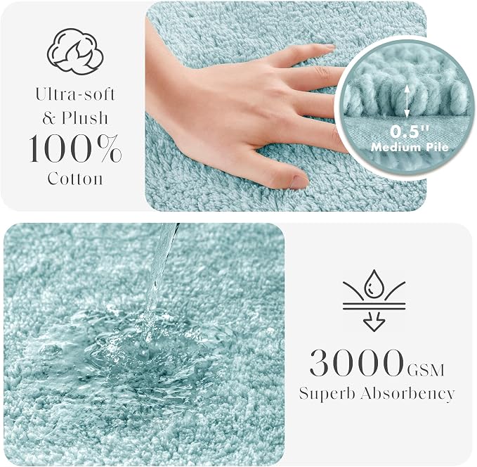 Madison Park Splendor Reversible 100% Cotton Bath Rug, 17 x 24, Blue | Tufted Bathroom Mat, 3000 GSM, Hotel Quality, Luxurious Plush, Medium Pile, Absorbent, Quick Dry, OEKO-TEX, Shower Room Décor