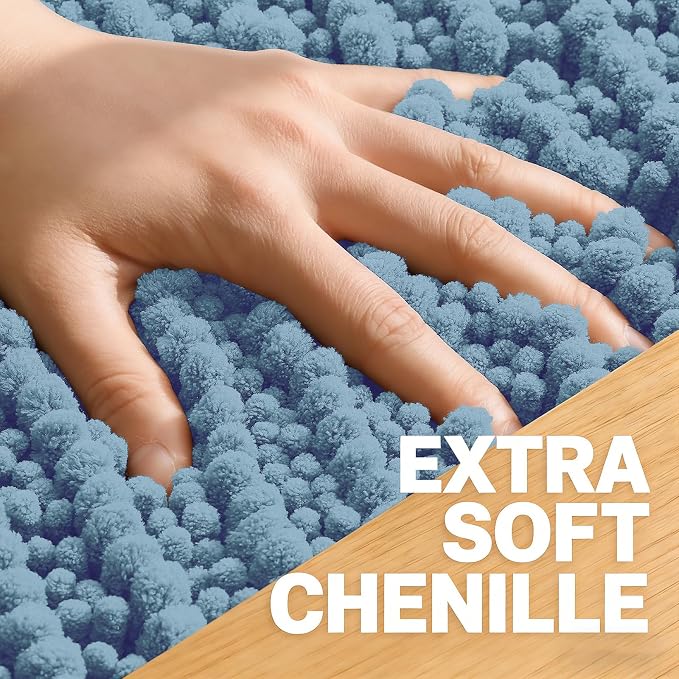 OLANLY Large Bathroom Rugs 59x35, Thick Soft Absorbent Chenille Bath Rugs | Airy Blue, Quick-Drying Rubber Backing, Shaggy Bath Mat, Machine Washable for Floor, Tub and Shower, Home Decor Accessories