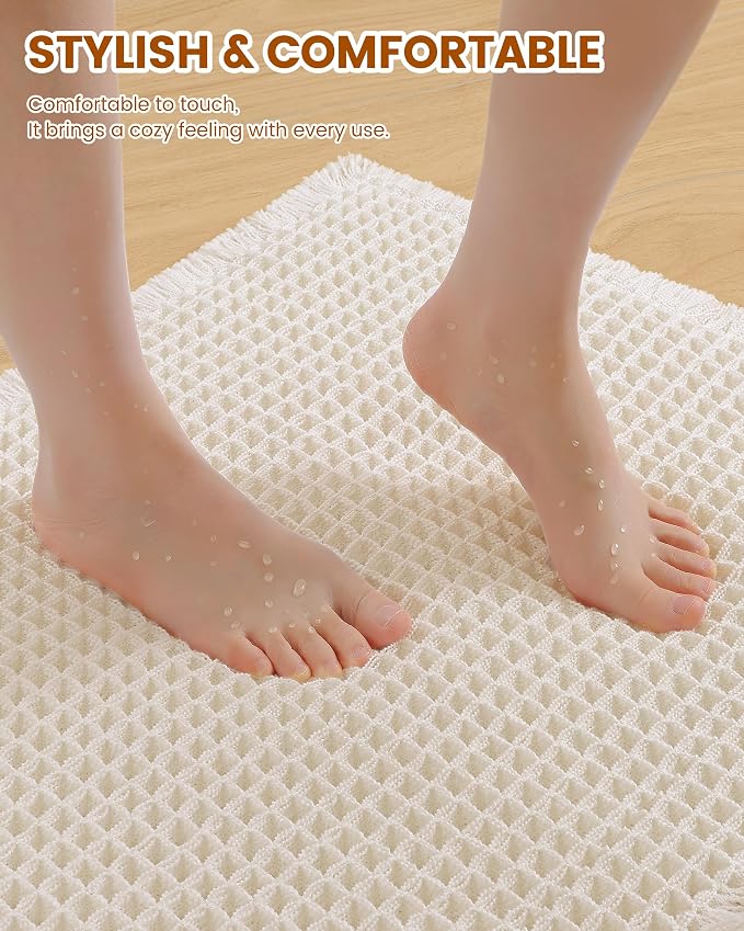 Smiry Waffle Bath Mat 60X24, Extra Soft Absorbent Bathroom Rugs, Cream | Non Slip Machine Washable Quick Dry Bath Rugs for Bathroom Floor, Tub, Shower, Home Decor Accessories