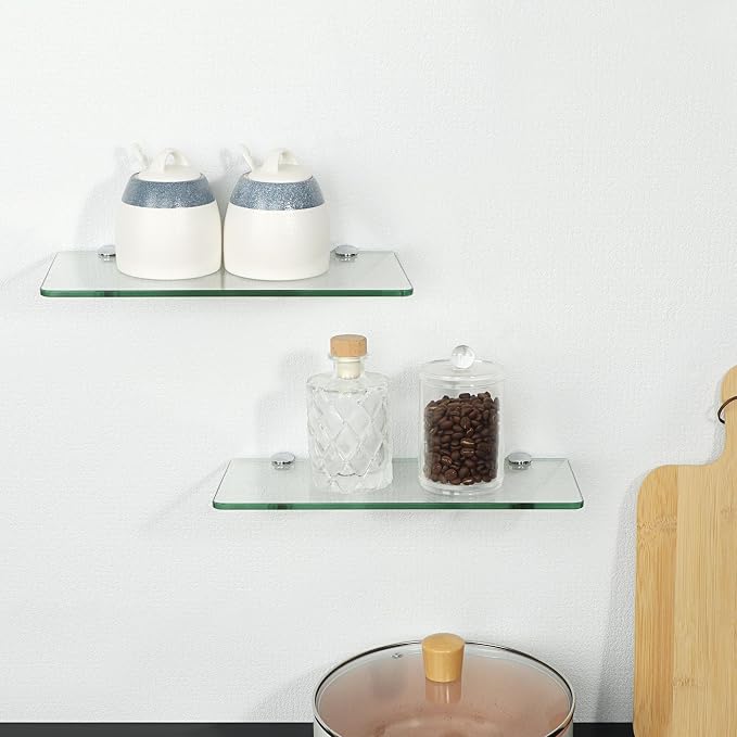 SAYAYO Glass Floating Shelves for Wall, Tempered Glass Shelves for Bathroom | Living Room, Bedroom, Office, Toilet, Kitchen Decor, 12 Inch Set of 2, Clear