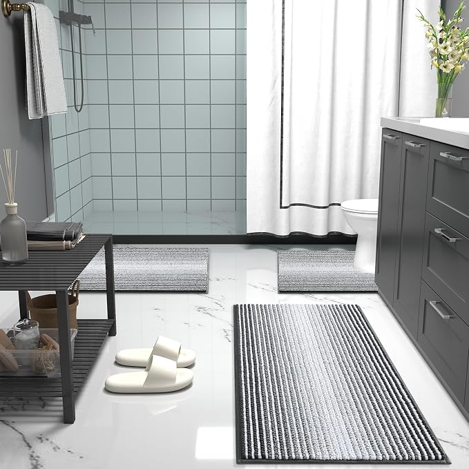 OLANLY Small Bathroom Rugs 24x16, Chenille Striped Bath Rugs, Dark Grey | Extra Soft Absorbent, Rubber Backing, Machine Wash Dry, Bath Mats for Bathroom Floor, Tub and Shower, Home Decor Accessories