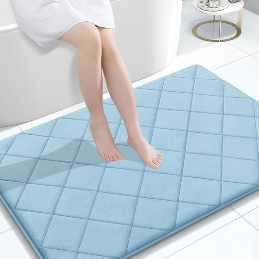 OLANLY Memory Foam Bath Mat 47x32, Ultra Soft and Absorbent Bathroom Rugs | Sky Blue, Quick Dry, Machine Washable Shower Bath Rugs, Comfortable Bath Carpet for Bathroom Floor, Tub and Shower