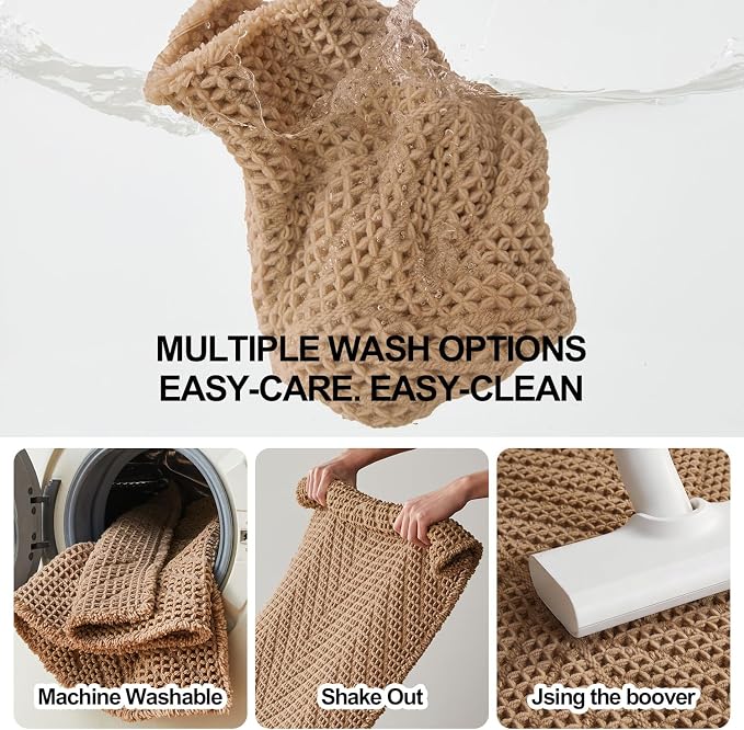 Sunfly Bathroom Runner Rug,Boho Herringbone Waffle Bath Mat Non-Slip Washable Super Absorbent Quick Dry, Farmhouse Bath Mat for Bathroom Floor Decor 24"x60" Khaki