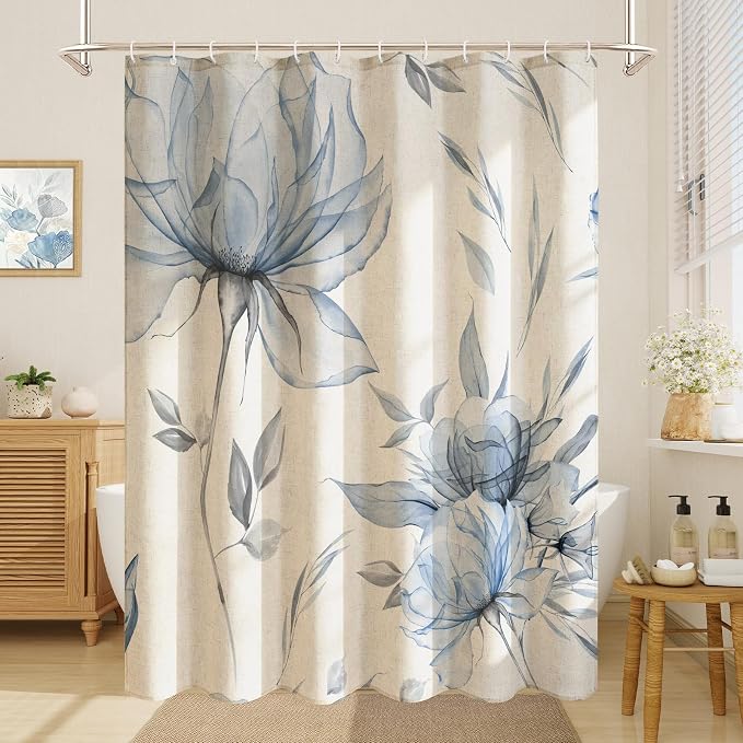 Litabel Long Blue Boho Floral Linen Shower Curtain 72 x 78, Modern Farmhouse Spring Cotton Shower Curtains for Chic Elegant Bathroom, Ink Painting Style Blossom 78 Inch Long Fabric Bath Curtain