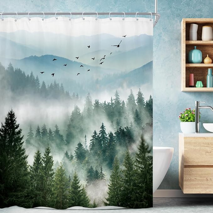 Green Rustic Mountain Scenery Pine Tree Bathroom Shower Curtain Set | 54"W x 78"L shower curtain， Greenery Landscape: HD waterproof print, quick-dry cloth, free hooks for easy installation.