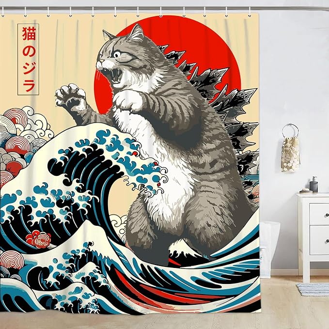 Funny Japanese Cat Shower Curtain,Vintage Cat Art Japan Sunset Waterproof Shower Curtain with Hooks, Fabric Shower Curtains for Bathroom Decor 72X78inches