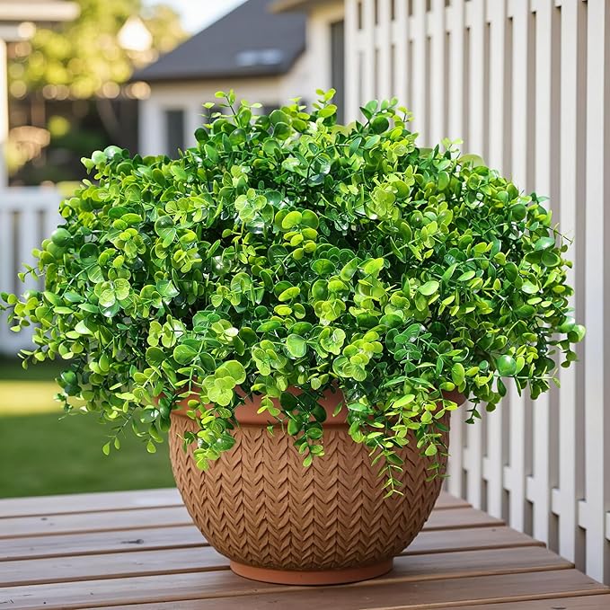Artificial Plants for Outdoors Outside Spring Summer Decoration, 12 Bundles Faux Eucalyptus Leaves Stems Bulk Fake Greenery Branches Look Real UV Resistant for Home Porch Patio Planter Yard