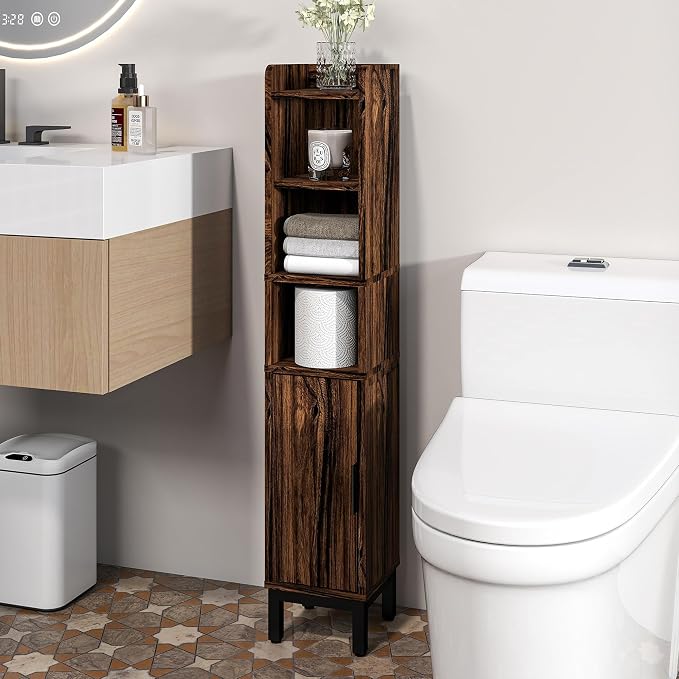 Slim Bathroom Storage Cabinet Narrow Corner Cabinet for Toilet Paper | FerniTry Small Freestanding Cabinet Bathroom Organizer with Adjustable Shelf for Small Spaces Walnut 5 Tiers