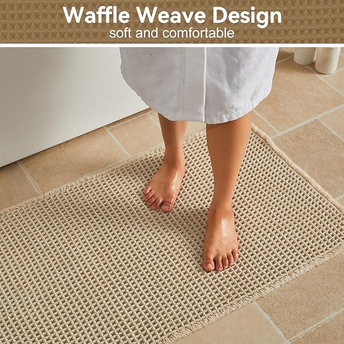 Triohero Waffle Bath Mat, Small Boho Bathroom Rugs Non Slip Washable, Ultra Soft Super Absorbent Quick Dry Farmhouse Bathroom Decor, 16" x 24", Pale Beige