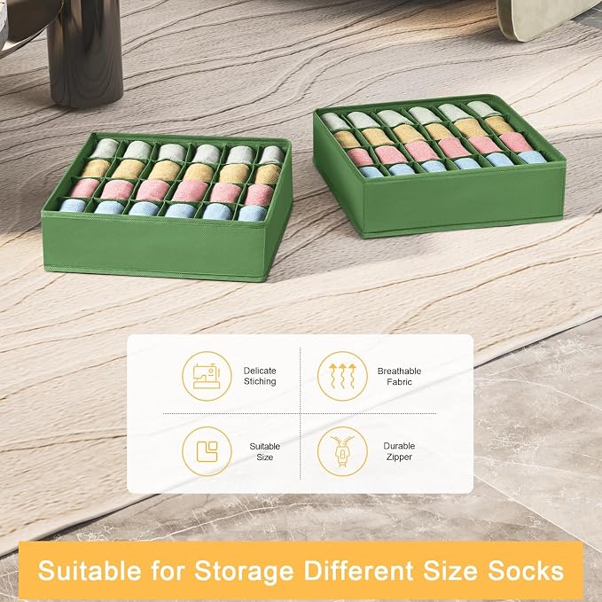 joyoldelf Sock Drawer Organizer Divider 4 Packs Underwear Organizer, 24 Cell Closet Organizers and Storage Organizer Sock Holders Organizers for Storing Socks, Handkerchiefs, Ties, Belts (Green)