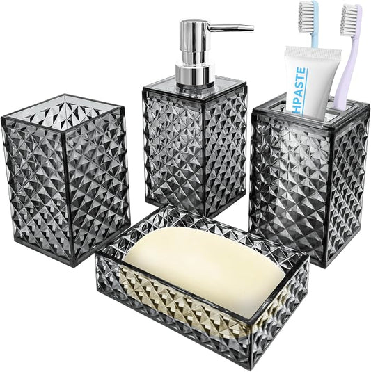 4 PCS Bathroom Accessory Set, Grey Bathroom Accessories Set | Soap Dispenser and Toothbrush Holder Set, Soap Dish and Mouthwash Cup, Boho Bathroom Decor, Plastic Bathroom Sets Accessories