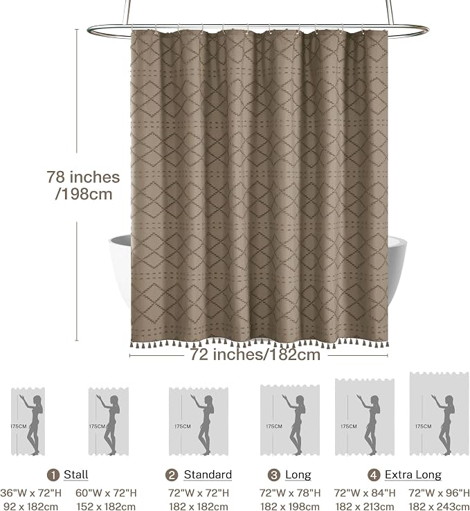 Siiluminisoy Boho Farmhouse Shower Curtain Woven Fabric Khaki Shower Curtain, 72 x 78 Tufted Chevron Textured Striped Modern Farmhouse Minimalist Shower Curtains for Bathroom