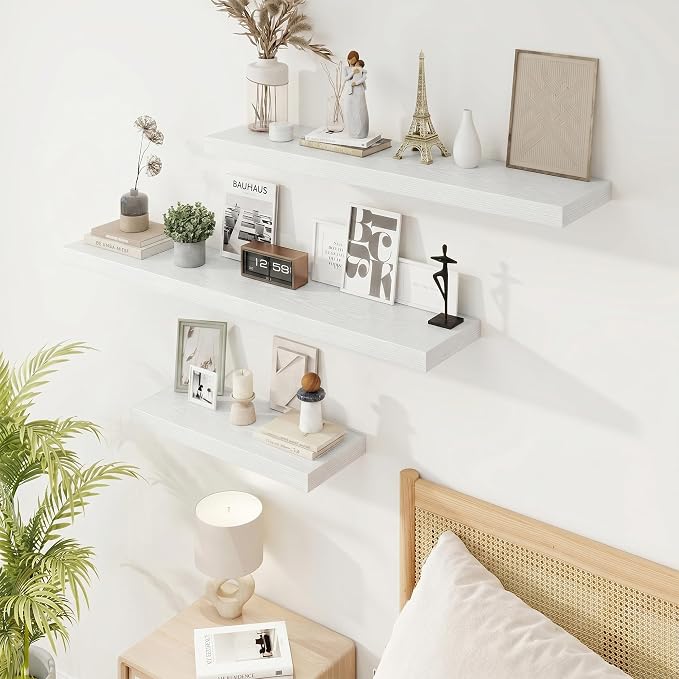 Marsmiles 9.25in Depth 30in Floating Shelves, 30x9.25x1.4, White, Set of 2 | Wall Mounted Engineered Wood Shelves, Invisible Brackets for Living Room, Bedroom, Bathroom, Kitchen Decor and Storage