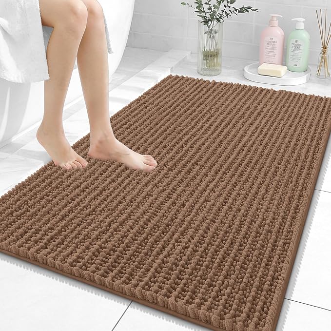OLANLY Large Bathroom Rugs 40x32, Thick Soft Absorbent Chenille Bath Rugs | Mocha, Quick-Drying Rubber Backing, Shaggy Bath Mat, Machine Washable for Floor, Tub and Shower, Home Decor Accessories