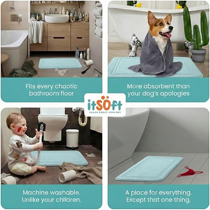 Memory Foam Bath Mat 31x20, Non Slip, Machine Washable, Quick Dry & Absorbent Rugs, Bath Mats for Bathroom Floor, Tub & Shower, Bathroom Rug, Spa Blue