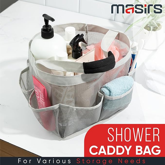 Masirs Mesh Shower Caddy – 9 Pocket Portable Shower Caddy Organizer for College Dorm, Travel, Gym, Bathroom – Quick Dry, Lightweight Tote Bag for Toiletries & Essentials, Gray