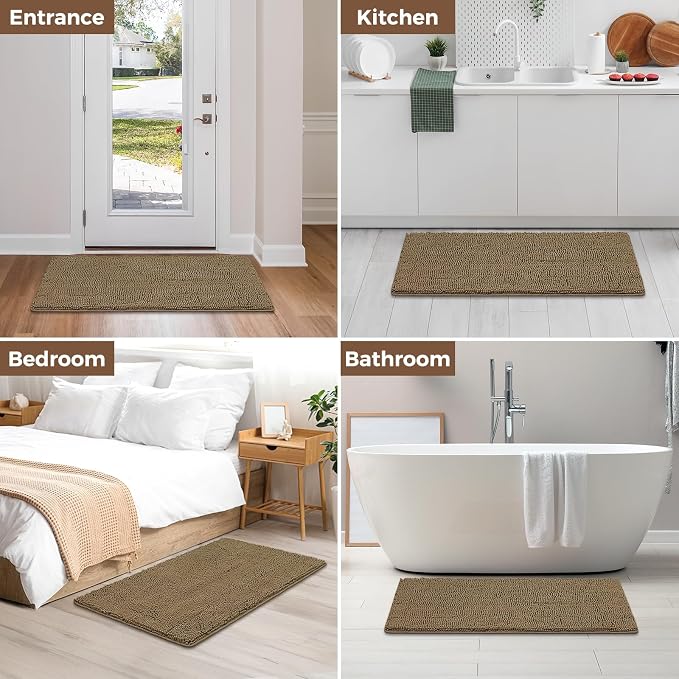 Bcoimo Bath Rug Mat,44x24 Chenille Non Slip Tan Long Bathroom Runner Rugs | Extra Soft Bathroom Floor Mats;Non Slip with Rubber Back Bath Mats;High Absorbent, Quick Dry Microfiber mat; Machine Washable