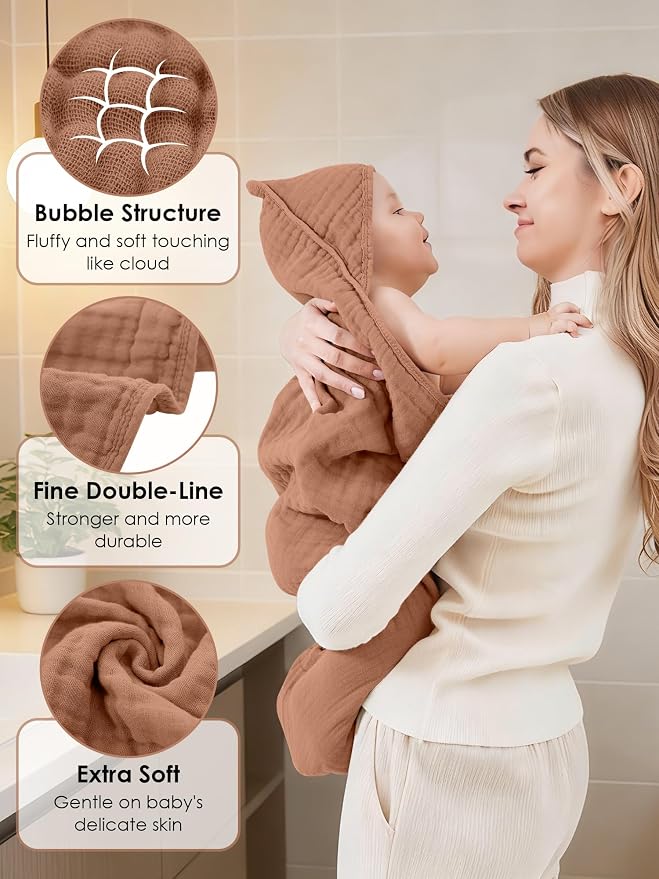 Muslin Hooded Baby Bath Towels - 3 Pack 100% Cotton Ultra-Soft Towels for Newborns, Infants, Toddlers - 32x32 Inch - Highly Absorbent, Quick-Dry Essentials for Bath, Beach, Pool, Bean Paste Series
