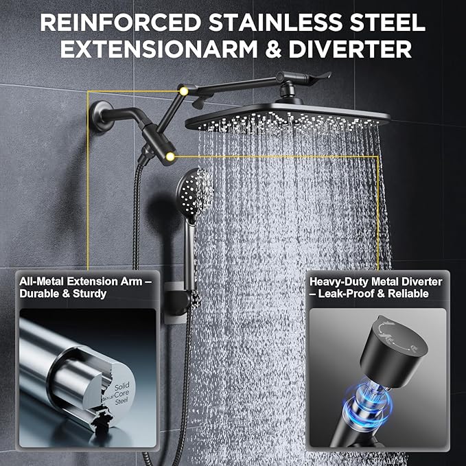 Veken 11.8" High Pressure Shower Head with Handheld, Metal Core Fittings | Handheld Shower Heads with Multi Spray Modes, Rainfall Combo, Detachable Dual Shower, Bathroom Decor, Leak-Proof, Matte Black