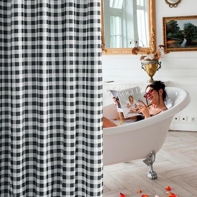 Biscaynebay Textured Fabric Shower Curtains 72" X 72", Black & White Printed Checkered Linen Modern Farmhouse Boho Hotel Quality Cloth Bathroom Curtains Machine Washable
