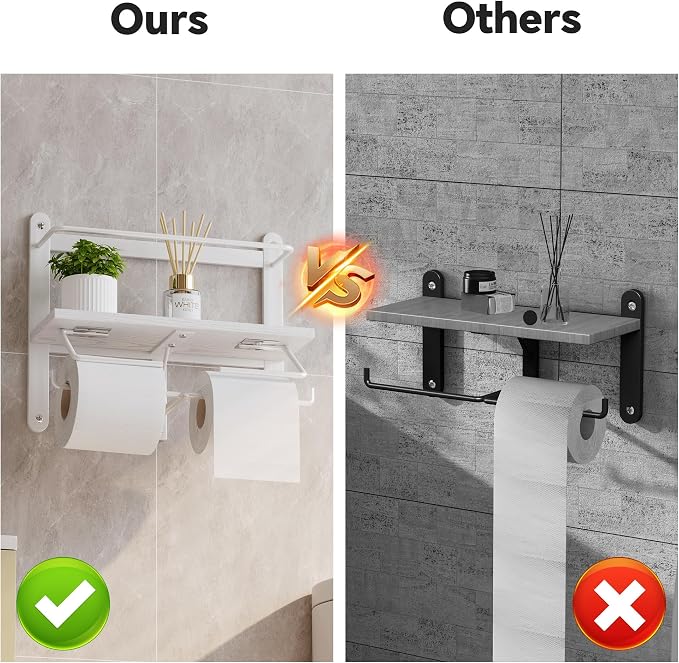 Homeiju Double Toilet Paper Holder with Shelf, Wooden Wall-Mounted Toilet Paper Roll Holder, Wall-Mounted Bathroom Organizer, Double Roll, Suitable for Bathrooms(White)