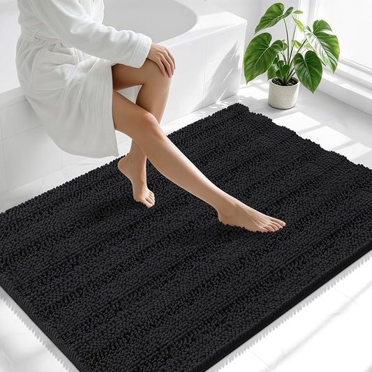 Smiry Thick Chenille Large Bathroom Runner Rugs 40x32, Soft Bath Mat, Black | Quick‑Dry & Machine Washable, Non‑Slip Bath Carpet, Striped Bath Rugs for Tub & Shower, Modern Home Decor Accessories