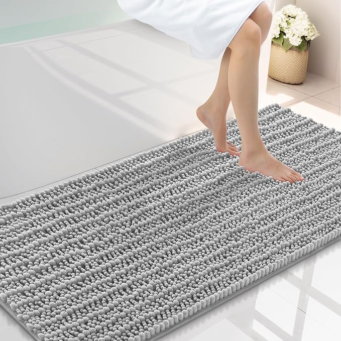 Smiry Bathroom Rugs 47X24, Extra Soft Rubber Backing Chenille Bath Mats | Light Grey Machine Washable Non Slip Quick Dry Bath Mats for Bathroom Floor, Tub, Shower, Home Decor Accessories