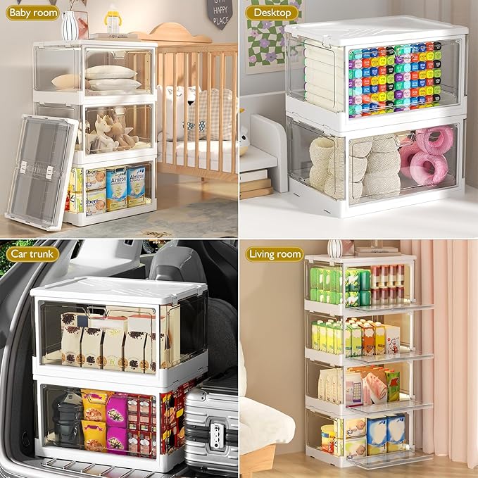 Kmiectse Clear Storage Bins with Lids 3 Pack 【Stackable & Sturdy】 | Plastic Multifunctional Folding Storage Bins for Bedroom, Living Room, Study,Room, 23 QT Folding Box with Magnetic Door