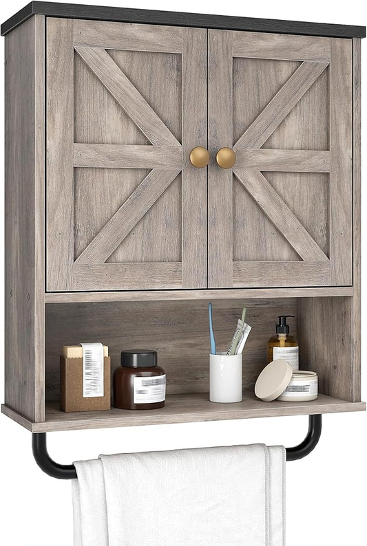 Bathroom Wall Cabinet, Medicine Cabinet with Open Partition and Towel Bar, Rustic Storage Cabinet with Open and Hidden Storage Space, for Bathroom, Living Room, Greige and Charcoal Black