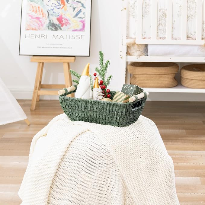 Storageworks Small Storage Basket, Woven Basket For Shelves, Bosana Green | Wicker Storage Baskets For Shelves, Baskets With Wooden Handles, 2-Pack Gifts Basket For Home Decor, Hand-Woven Basket