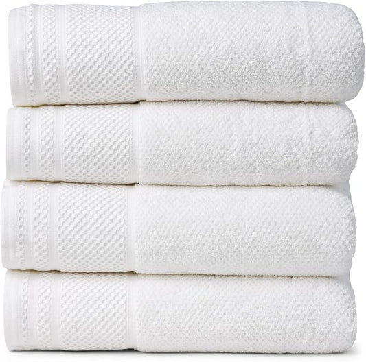 Texere 100% Organic Cotton Rice Weave Jacquard 700 GSM Luxury Bath Towel Sets - Ultra Soft and Absorbent Hotel and Spa Quality (Rice Weave, Bright White, 4 Bath Towels)