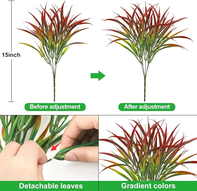 16 Pcs Artificial Plants Outdoor Fake Fall Greenery Stems, Red | Faux grass, UV resistant, plastic plants shrubs, autumn Thanksgiving garden pathway window farmhouse front porch home decor